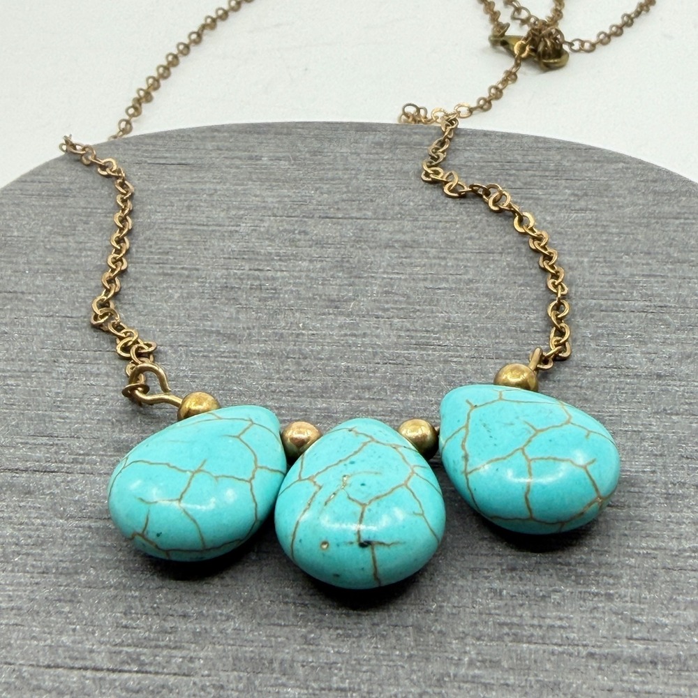 Turquoise Blue Teardrop Bead Necklace Antique Gold Tone Boho Statement Collar